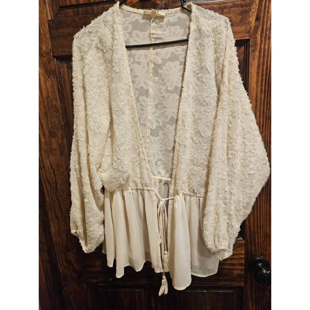 Entro Textured Chiffon Tassels Cover Up Cardigan Ivory Medium Cottagecore Boho